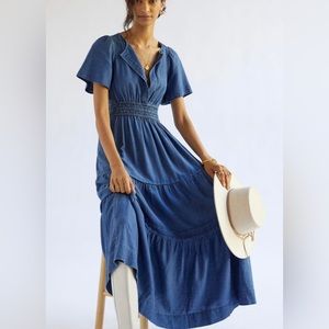ANTHROPOLOGIE MAEVE SOMERSET CHAMBRAY EDITION DRESS IN DENIM SMALL MAXI MIDI